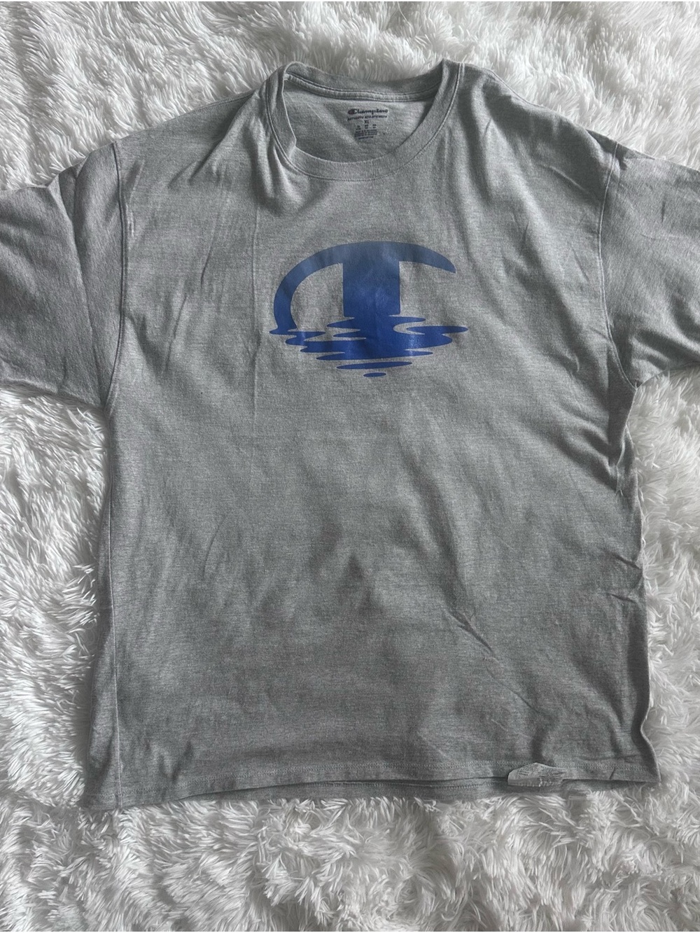 Used Men’s Champion Gray Short-Sleeve Tee with Blue Reflective Logo - Picture 2 of 6